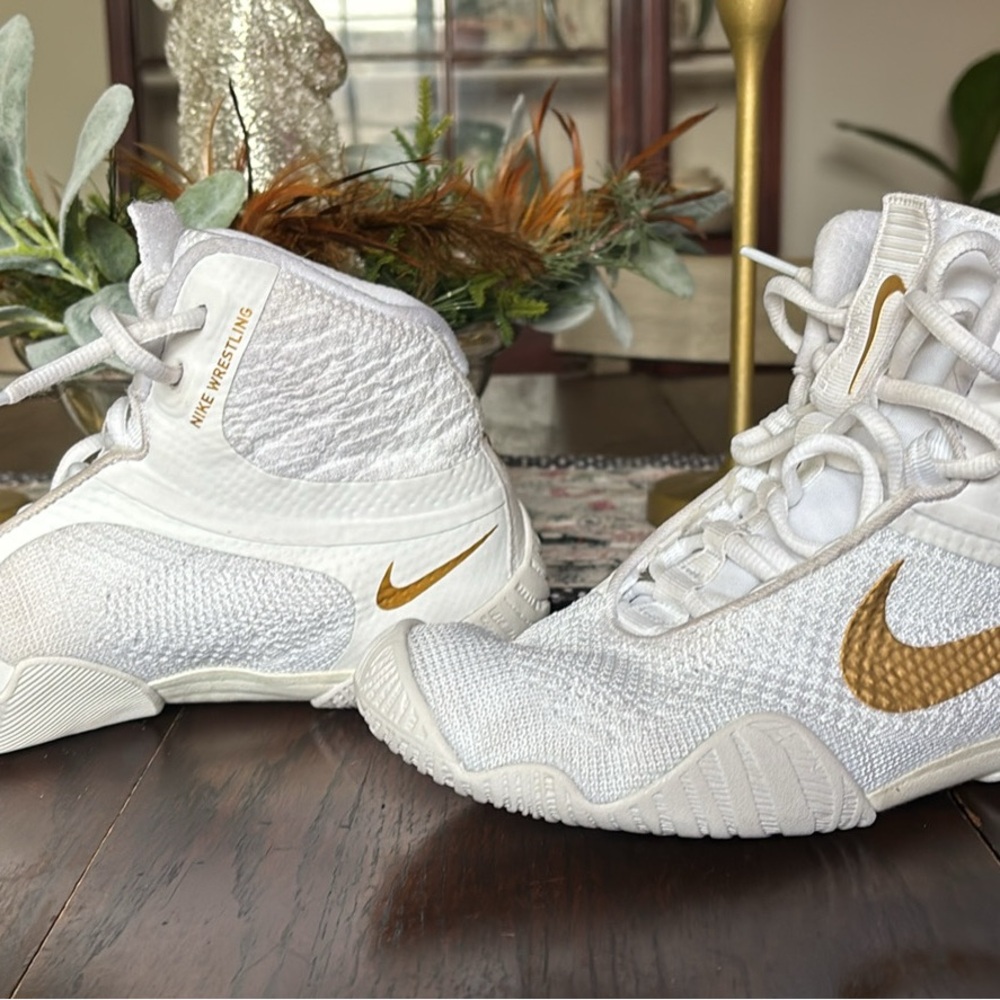 Nike White and Gold High-Top Wrestling Shoes